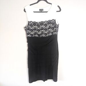 14 Connected Apparel White & Black Ruched Lace Sheath Dress